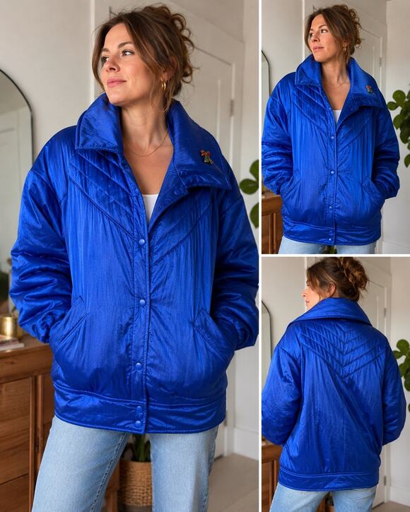 Bill Blass Vintage Jackets & Blazers - Vintage Bill Blass Cobalt Blue Oversized Puffer Jacket Women’s 8 80s Quilted